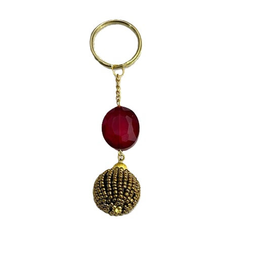 Handmade Gold Red Glass Oval Bead Keyring