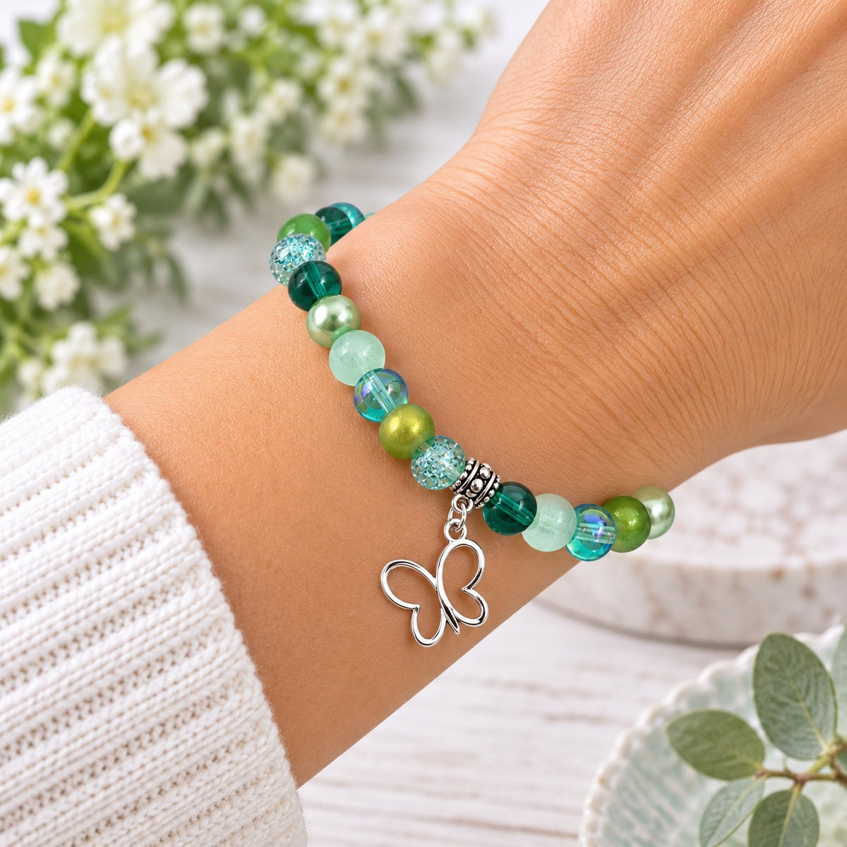 Handmade Stretchy Mystical Glass Bead Charm Bracelet - 8 Colours