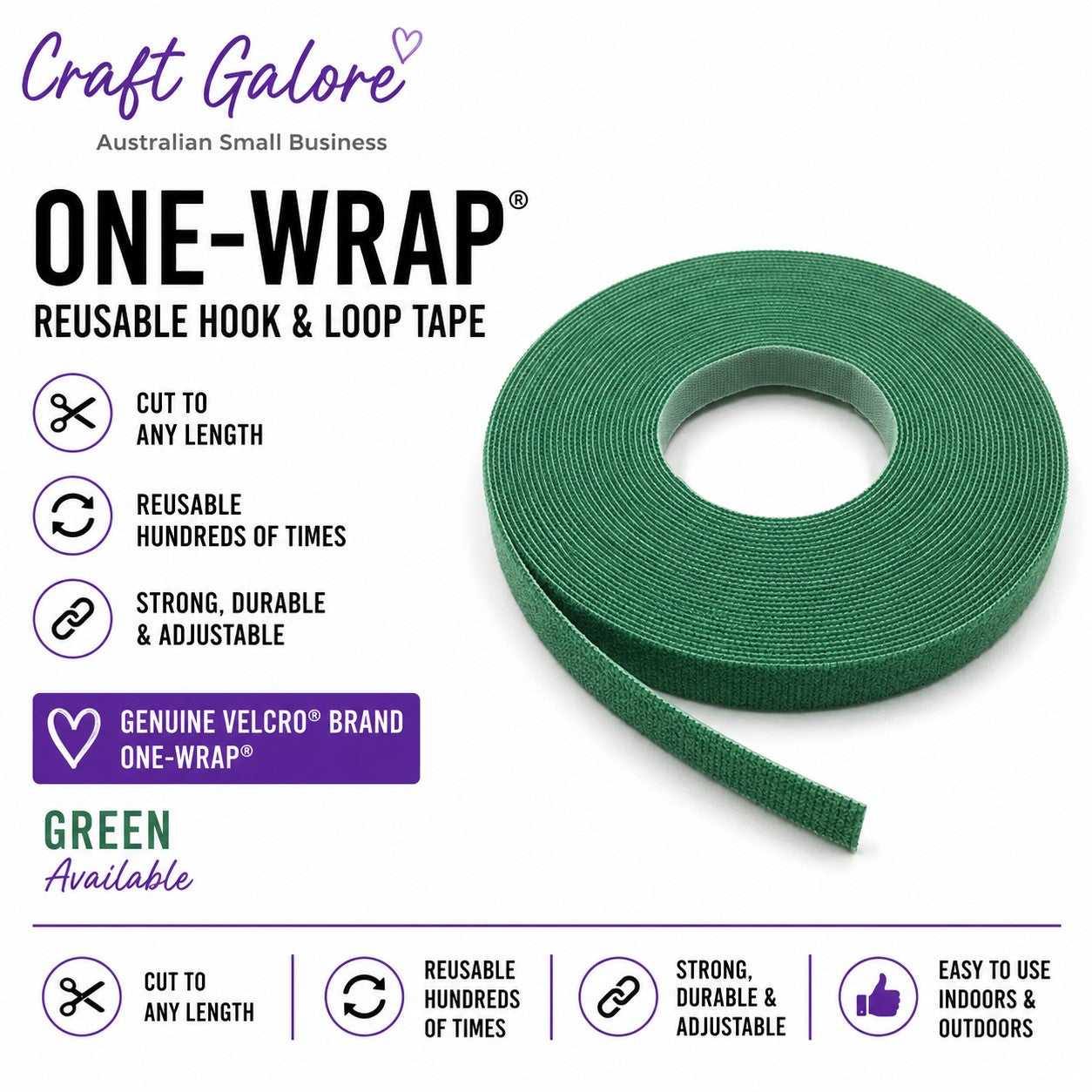 19mm x 1m Genuine VELCRO® Brand ONE-WRAP® Reusable Hook & Loop Tape 11 Colours