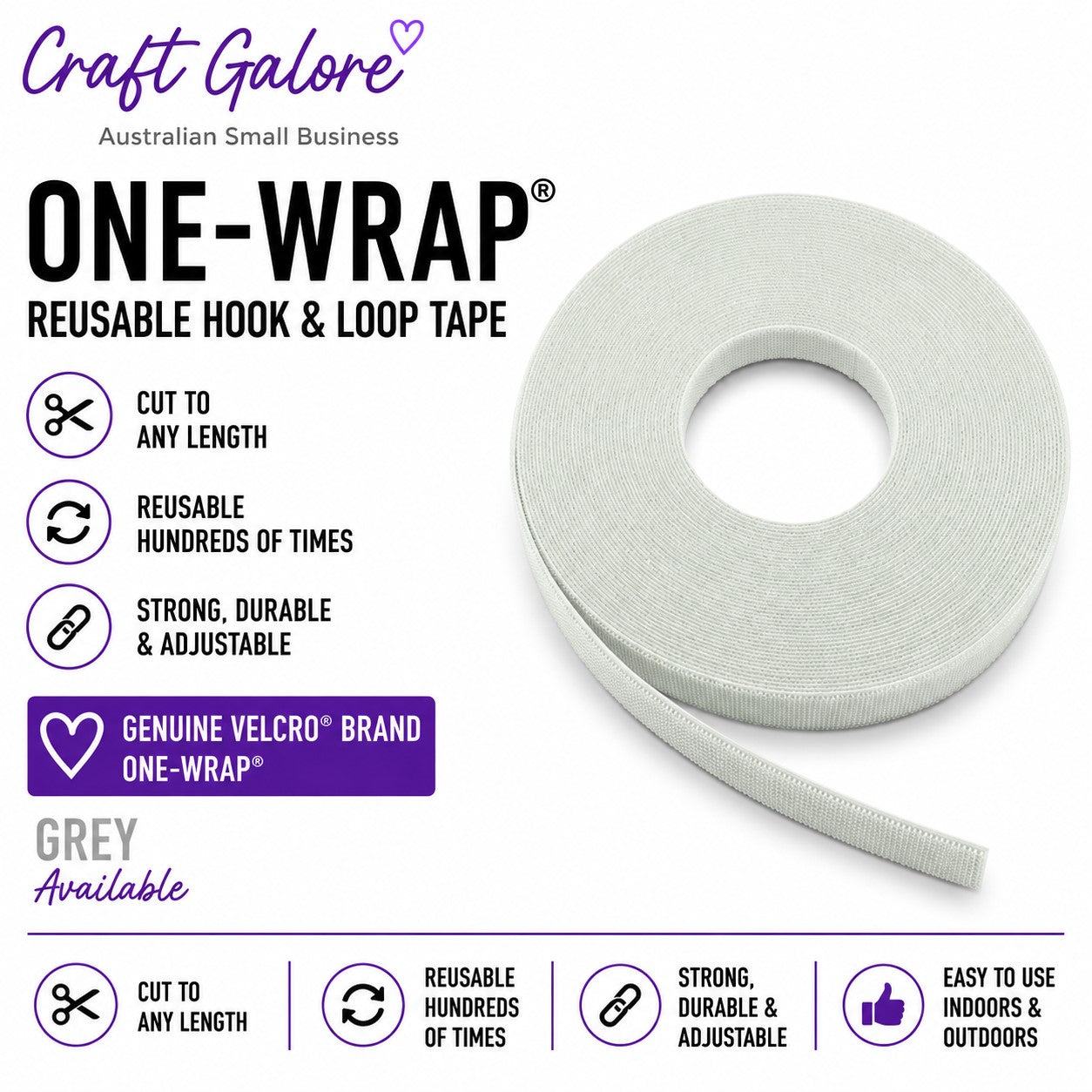 19mm x 1m Genuine VELCRO® Brand ONE-WRAP® Reusable Hook & Loop Tape 11 Colours