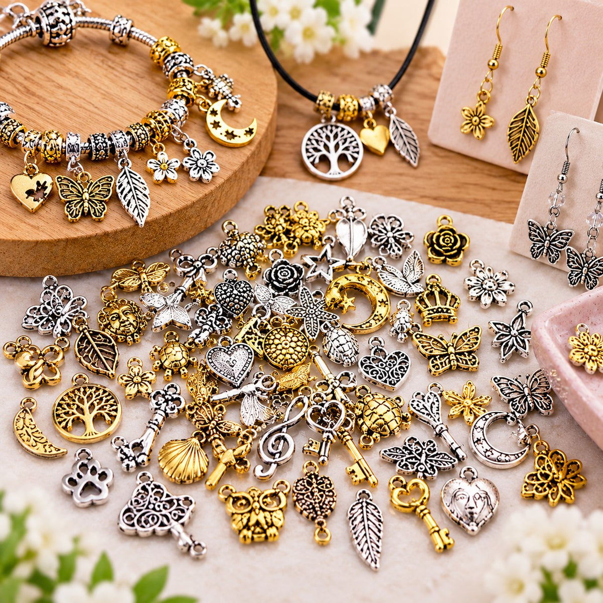 50 Mixed Metal Charms Gold Silver Assorted Shapes Sizes Jewellery Making DIY