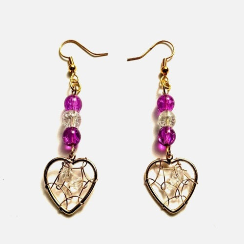 Earrings - Gold with Clear & Purple Glass Beads - Hearts
