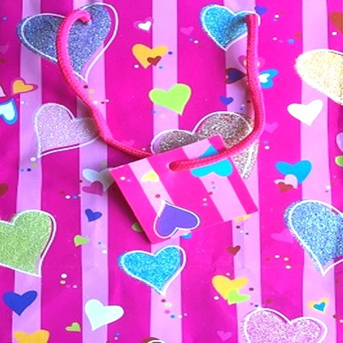 Gift Bag - Pink With Coloured Hearts
