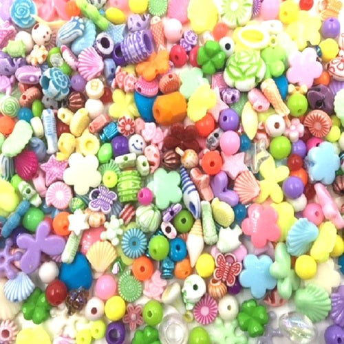 Plastic Acrylic Mixed Beads - 100g - Approx 250 Pieces + 10mts Stretchy String