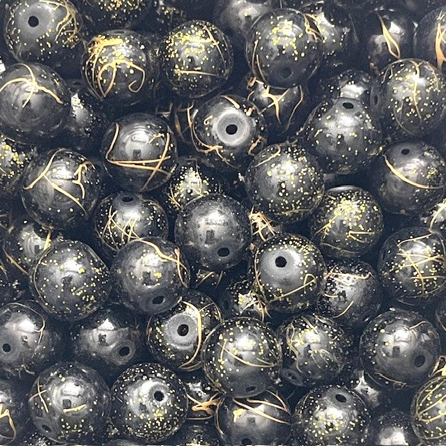 Glass Round Black & Gold Beads - 50 Pieces - Size 12mm