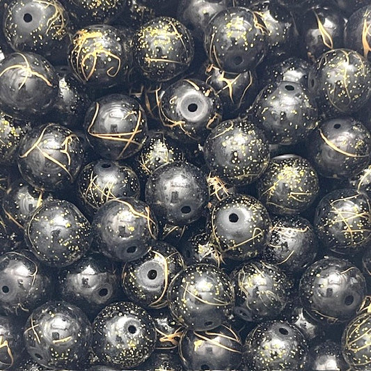 Glass Round Black & Gold Beads - 50 Pieces - Size 12mm