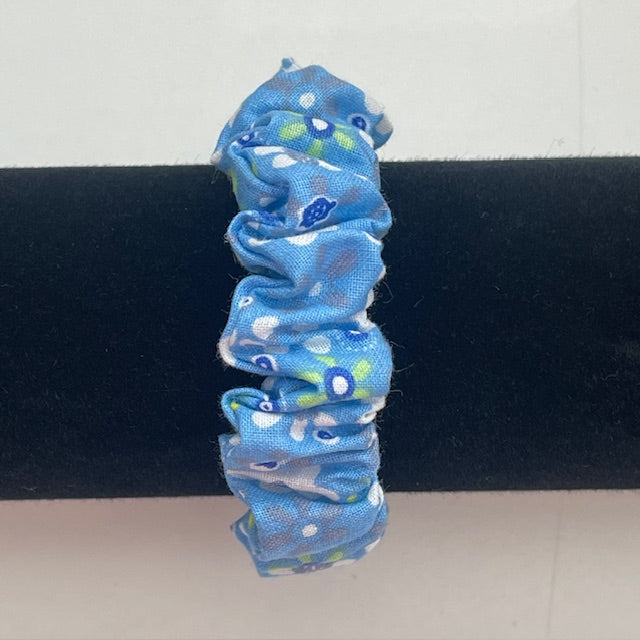 Handmade Cotton Mini Scrunchie - Blue with Colourful Flowers