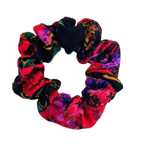 Handmade Scrunchie - Black & Red Floral Print - Hair Tie Ponytail Holder