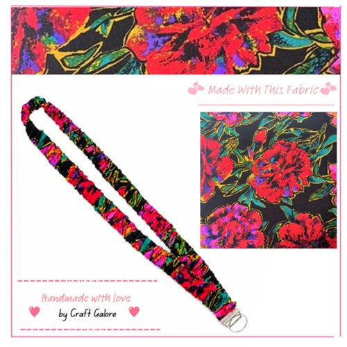 Handmade Black & Red Floral Print Scrunchie Lanyard Soft Fabric Key Holder