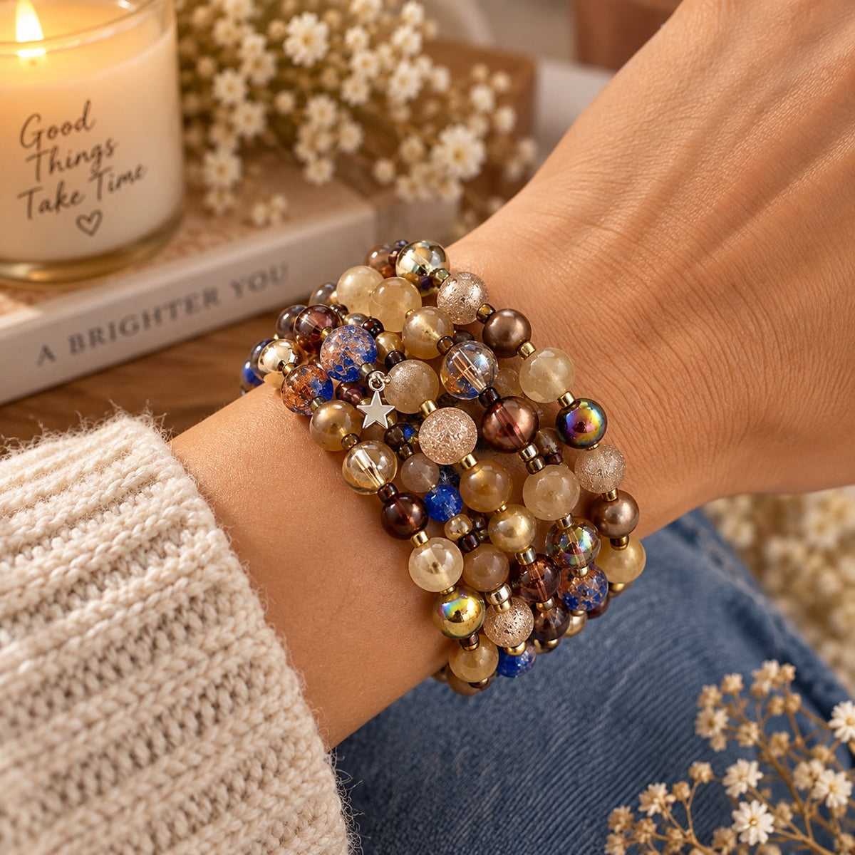 Multi-Strand Brown & Blue Beaded Statement Bracelet