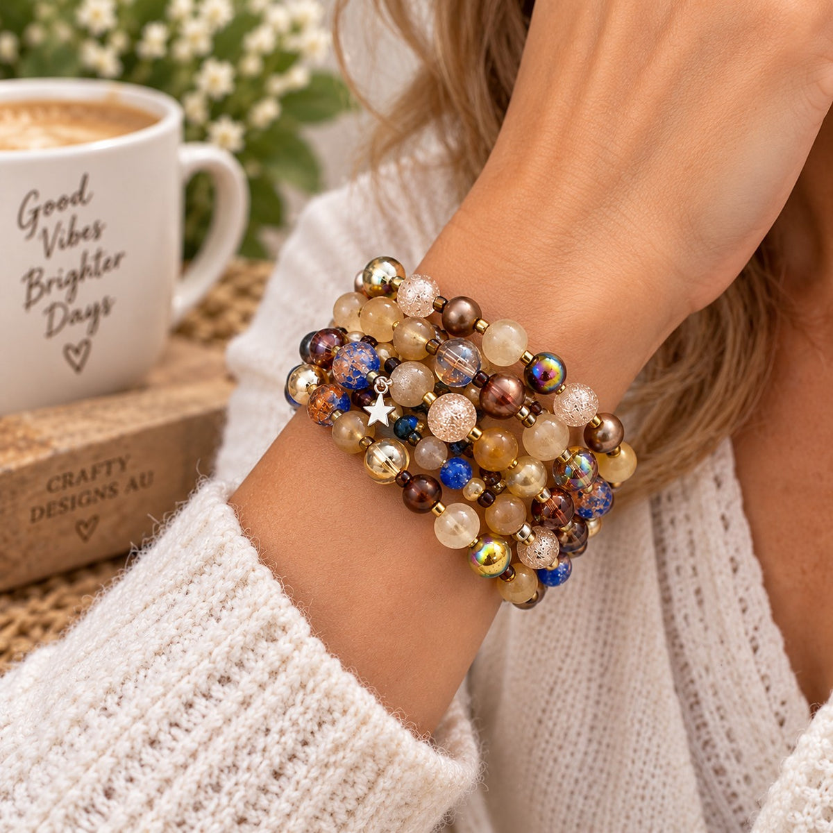 Multi-Strand Brown & Blue Beaded Statement Bracelet