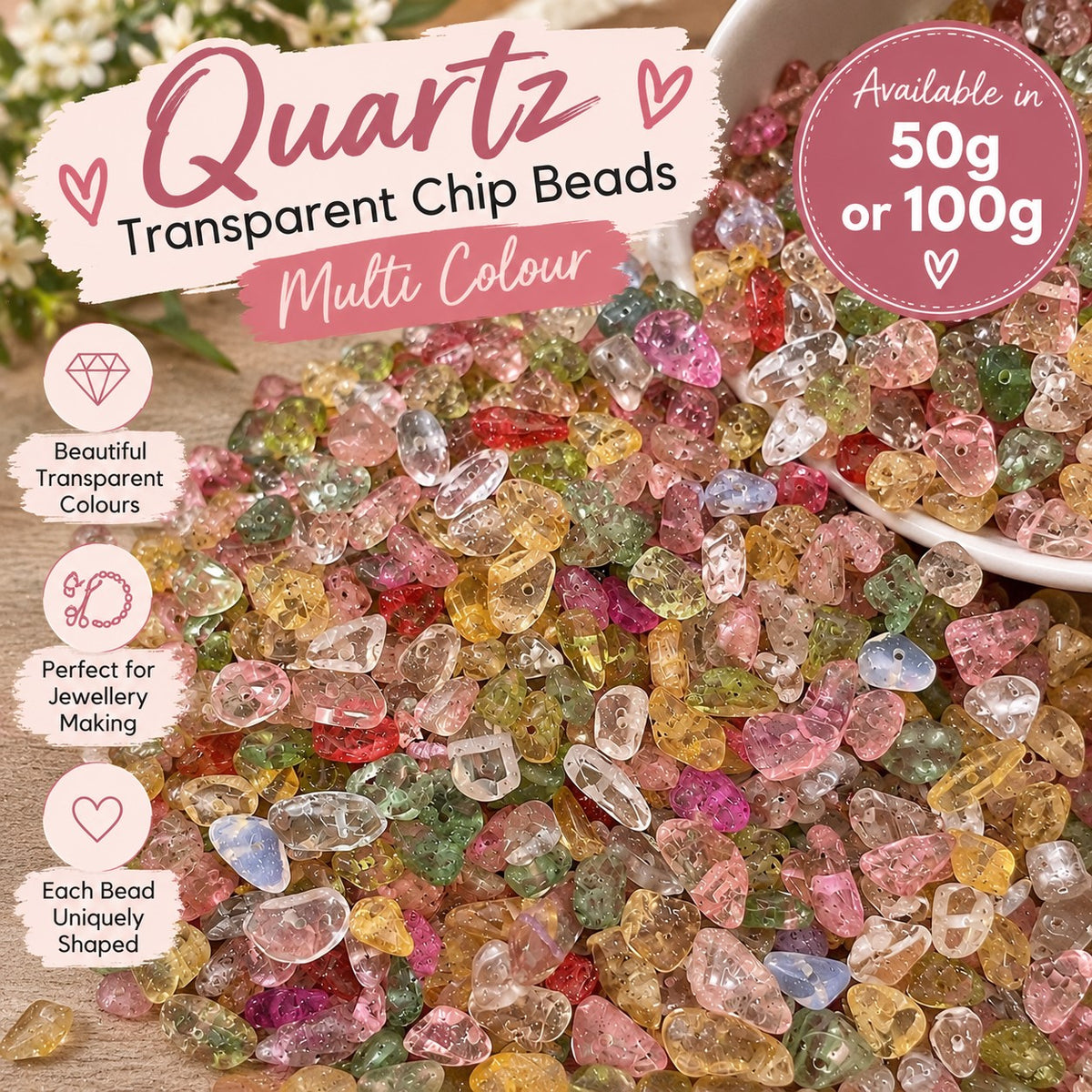 Quartz Chip Beads - Transparent Multi Colour - 50g / 100g