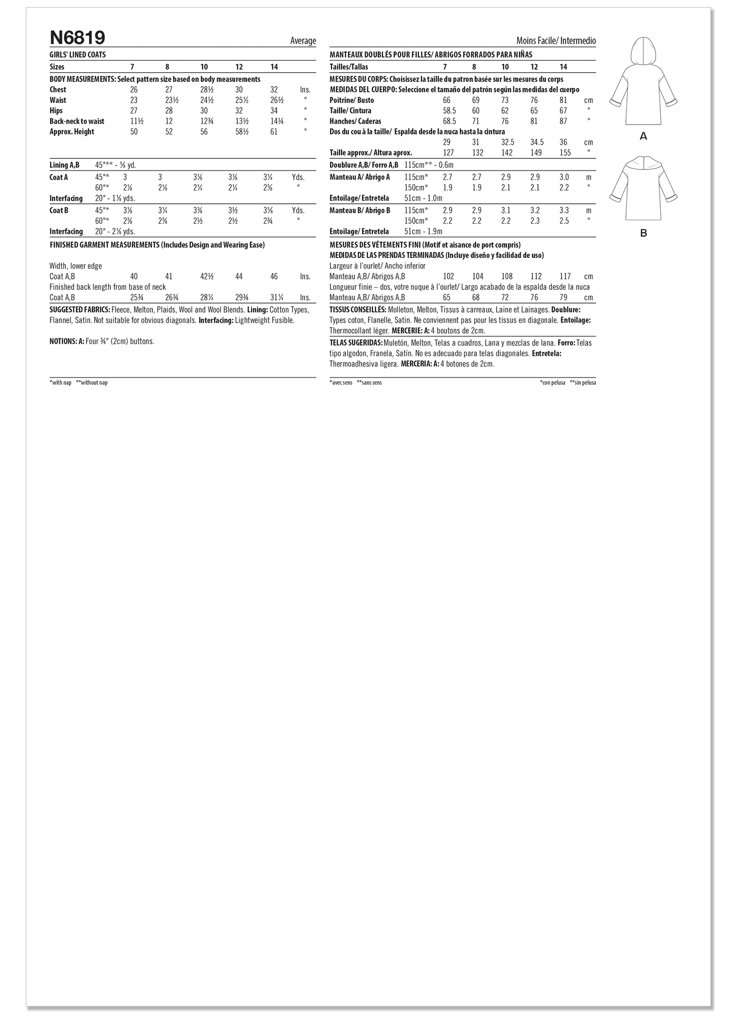 NEW LOOK Sewing Pattern 6819 - Girls’ Lined Coats