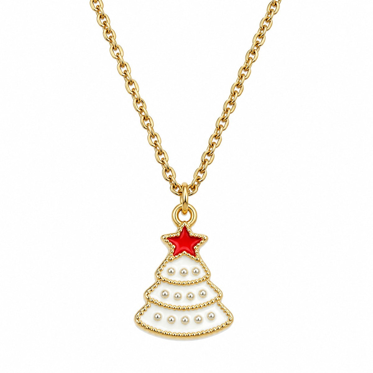 Handmade Christmas Tree Necklace Gold Chain Red Star Xmas Holiday Jewellery