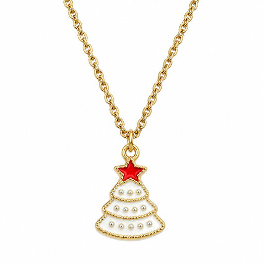 Handmade Christmas Tree Necklace Gold Chain Red Star Xmas Holiday Jewellery