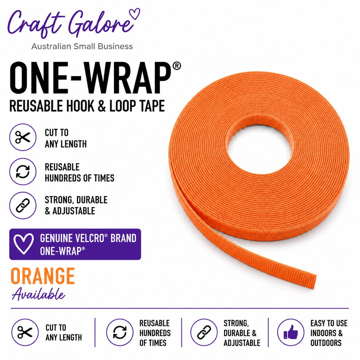 1mt x 12.5mm Genuine VELCRO Brand One Wrap Reusable Double Sided Hook Loop Tape 11 Colours