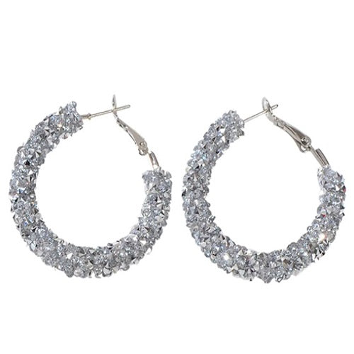 Rhinestone Shining Hoop Earrings - Silver