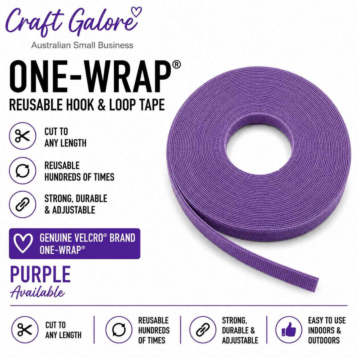 19mm x 1m Genuine VELCRO® Brand ONE-WRAP® Reusable Hook & Loop Tape 11 Colours