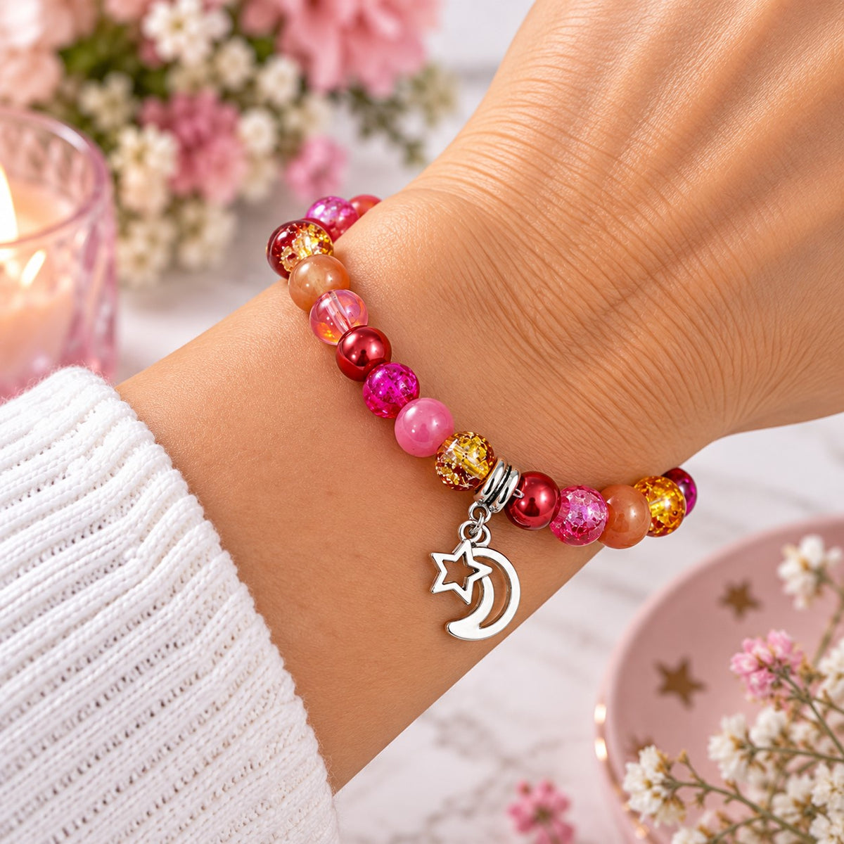 Handmade Stretchy Mystical Glass Bead Charm Bracelet - 8 Colours