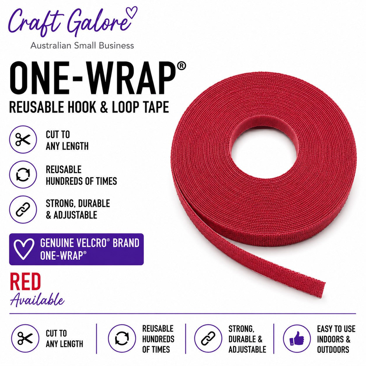 1mt x 12.5mm Genuine VELCRO Brand One Wrap Reusable Double Sided Hook Loop Tape 11 Colours
