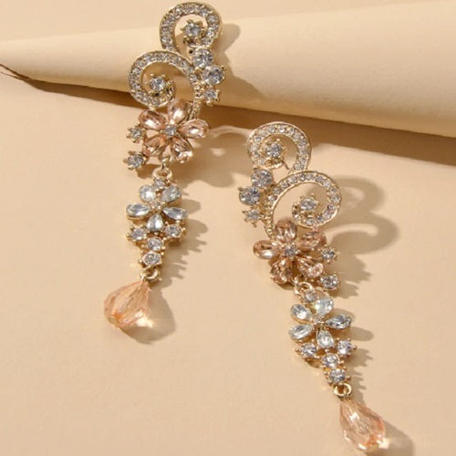 Rhinestone Crystal Decoration Flower Chandelier Earrings - Gold or Silver