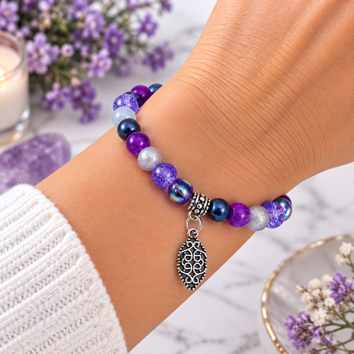 Handmade Stretchy Mystical Glass Bead Charm Bracelet - 8 Colours