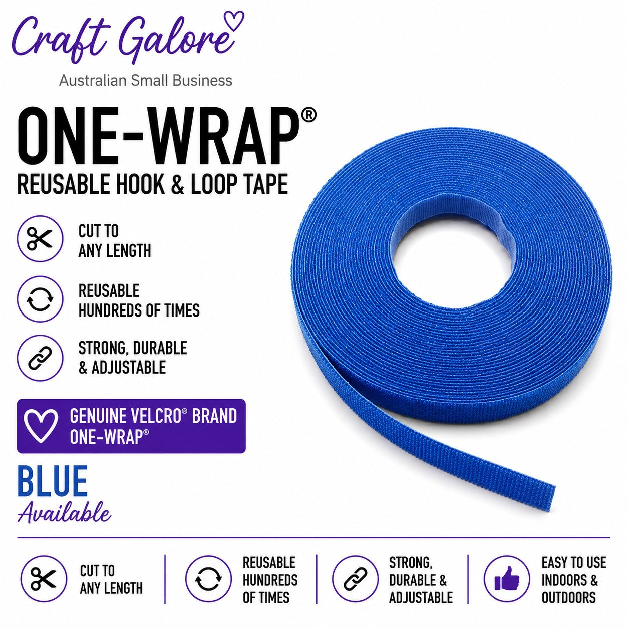 19mm x 1m Genuine VELCRO® Brand ONE-WRAP® Reusable Hook & Loop Tape 11 Colours
