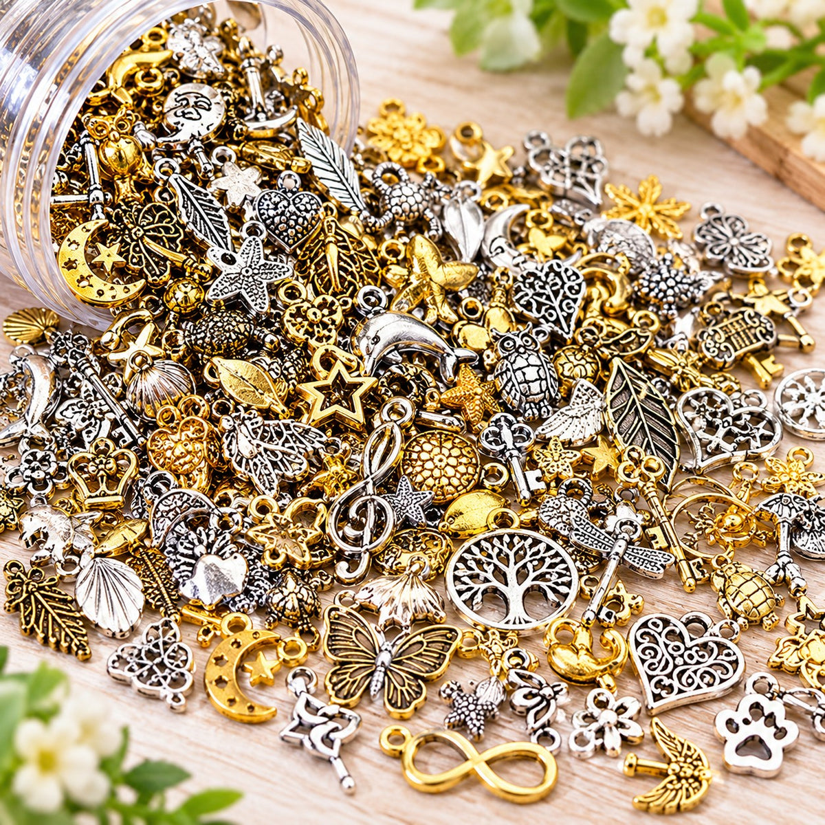 50 Mixed Metal Charms Gold Silver Assorted Shapes Sizes Jewellery Making DIY