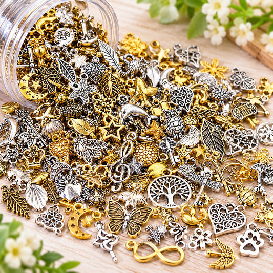 50 Mixed Metal Charms Gold Silver Assorted Shapes Sizes Jewellery Making DIY