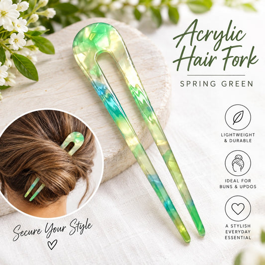 Spring Green Acrylic Hair Fork – 2 Prong Hair Stick for Buns & Updos - 11.5cm