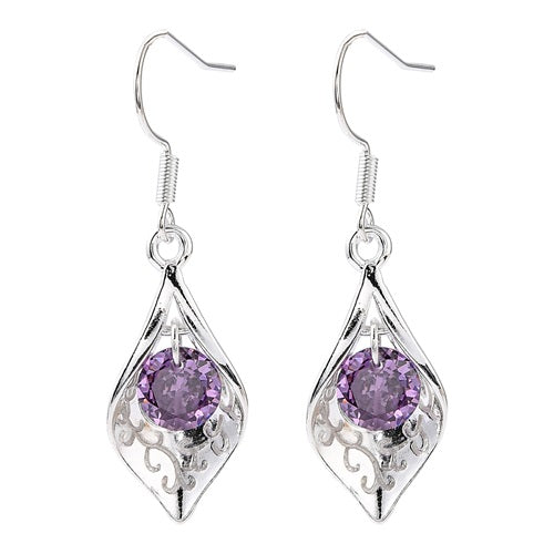 Teardrop Brass Purple Cubic Zirconia Dangle Earrings - Silver Plated - 42mmx12mm