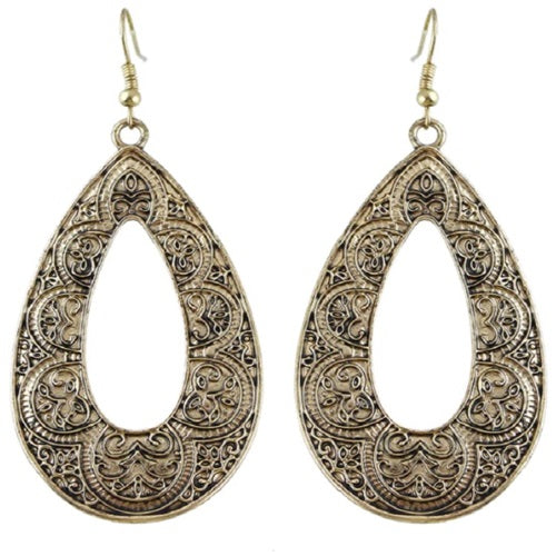 Tribal Ethnic Antique Gold Silver Carved Water Drop Big Earrings