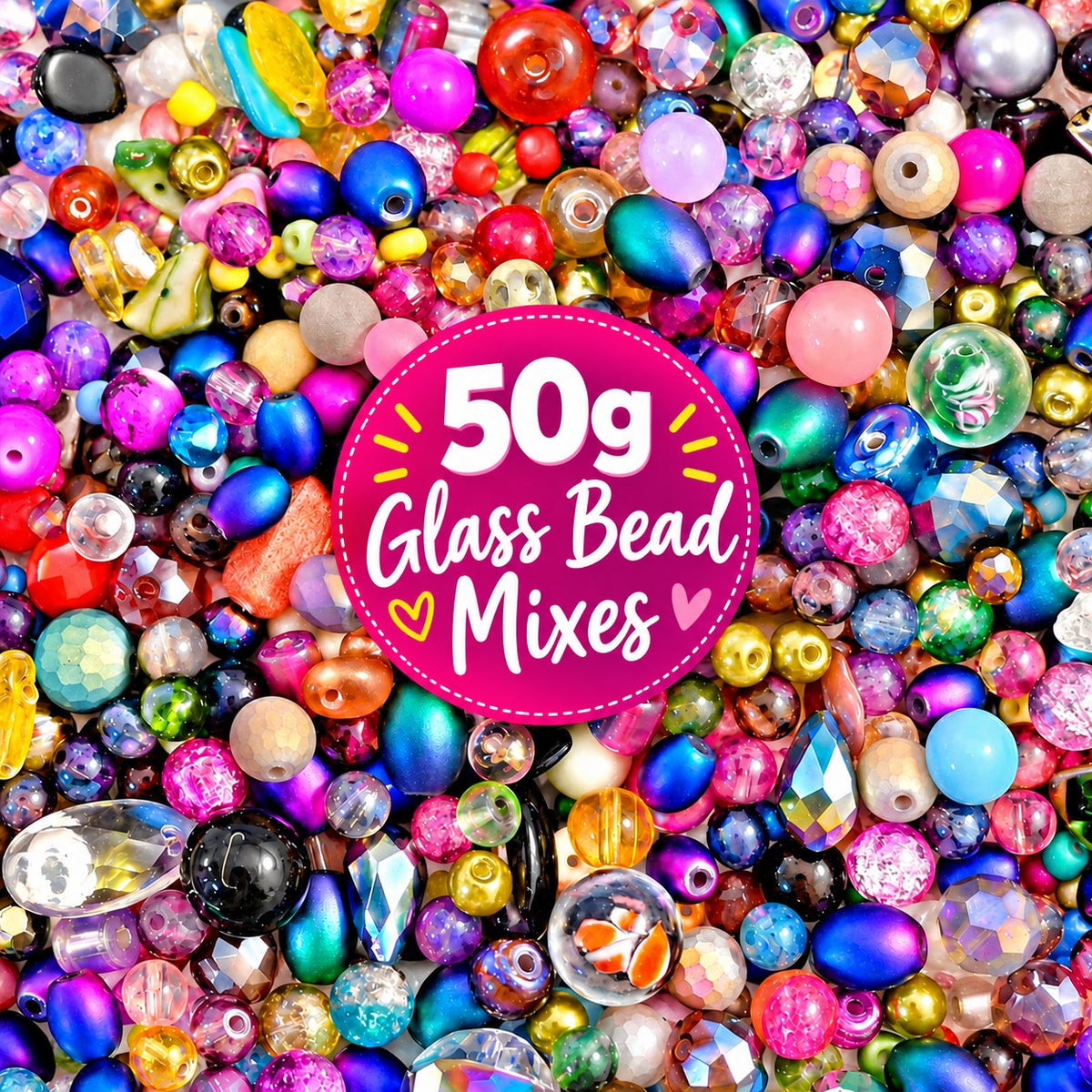 50g Glass Bead Mixes - 80 to 100 Pieces - Size 4mm to 12mm - 11 Colours