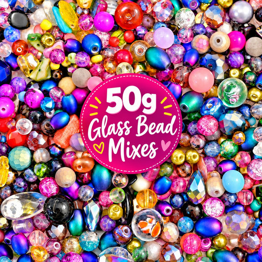 50g Glass Bead Mixes - 80 to 100 Pieces - Size 4mm to 12mm - 11 Colours