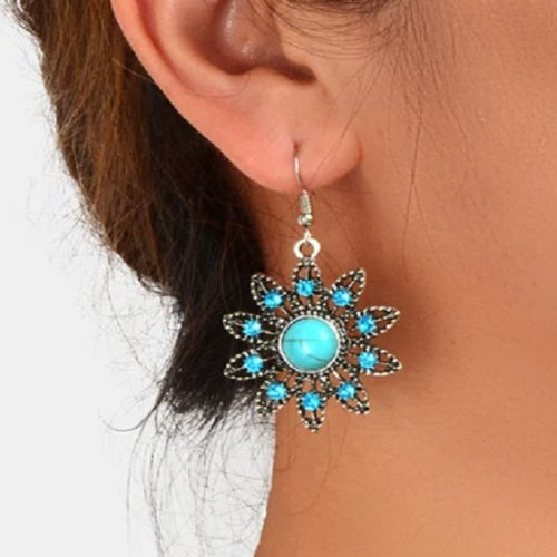 Vintage Antique Silver Hollow out Blue Turquoise Flower Dangle Earrings