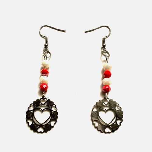 Earrings - Red & White Beads - Hearts