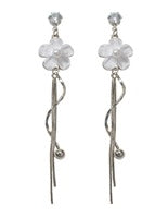 White Flower Silver Tassel Drop Dangle Earrings