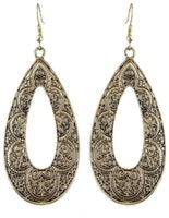 Tribal Boho Antique Gold Silver Carved Water Drop Big Earrings