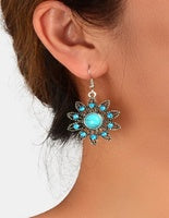 Vintage Antique Silver Hollow out Blue Turquoise Flower Dangle Earrings