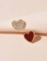 Rhinestone Red Silver Enamel Heart Asymmetric Stud Earrings